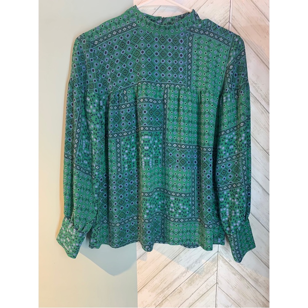 Loft- Green Floral Geo High Crew Neck Long Sleeve